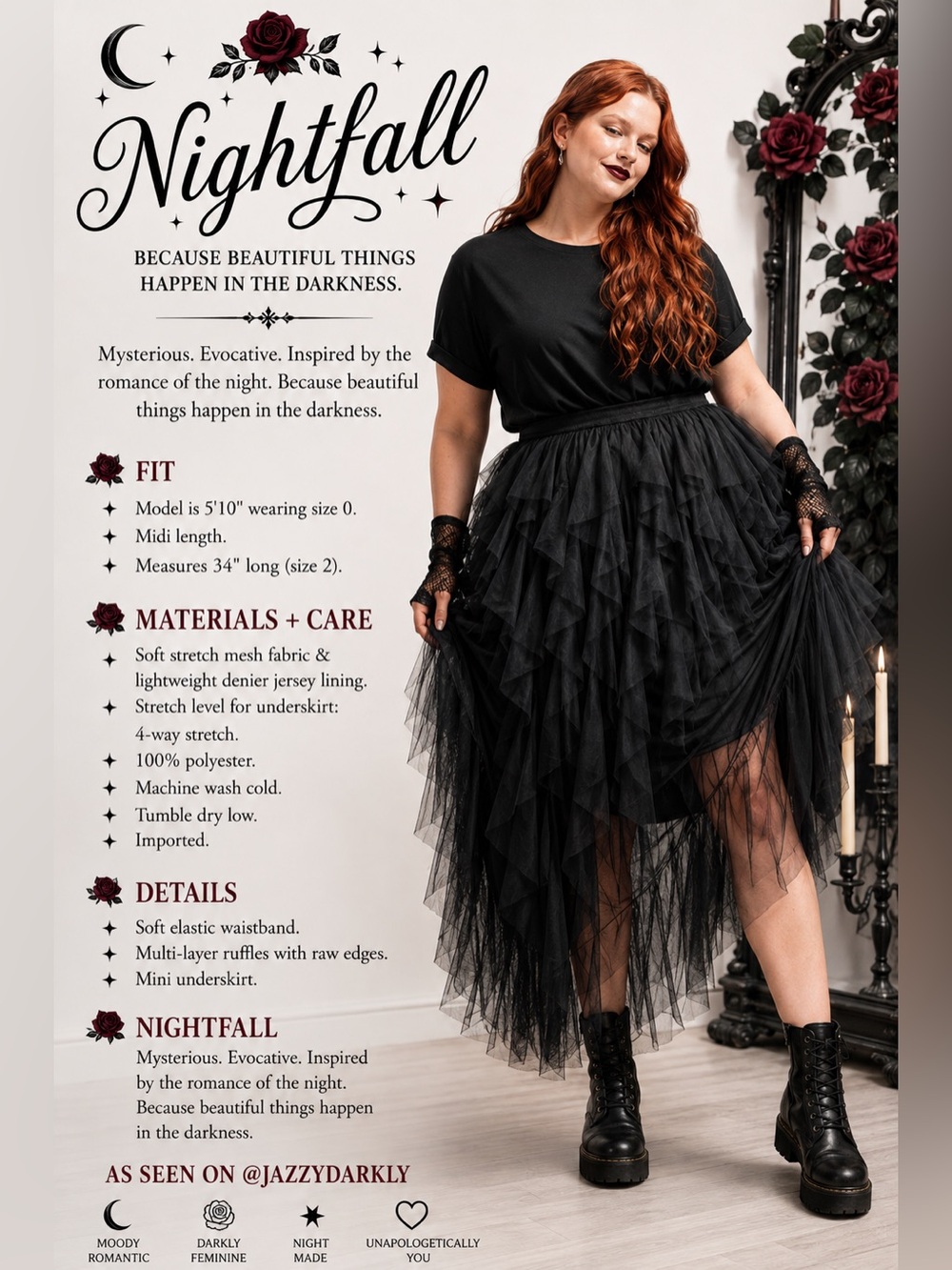 Torrid Nightfall Black Gothic Soft Mesh Ruffle Midi Skirt, Large, NWT! - Picture 11 of 16
